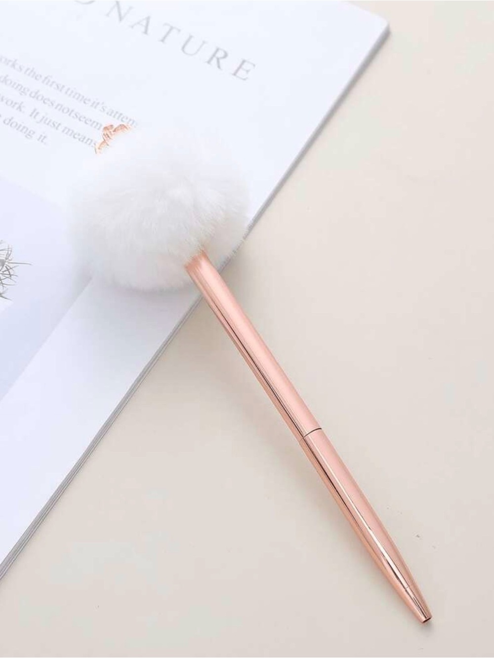 Fluffy White Pom Pom Rose Gold Metallic Ballpoint Pen